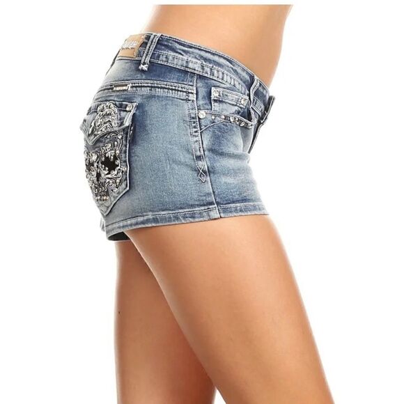 Platinum Plush Skull Head Rhinestone Shorts - Picture 2 of 2